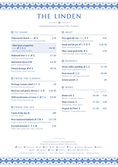 Sample menu in the Azulejo design