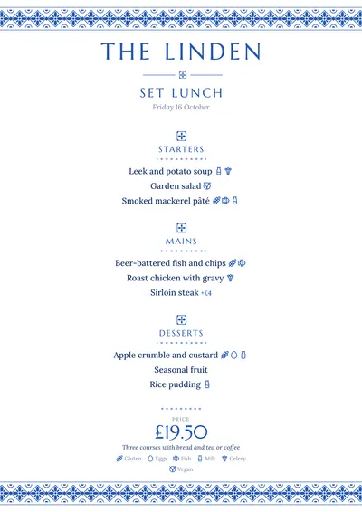 Sample daily menu in the Azulejo design