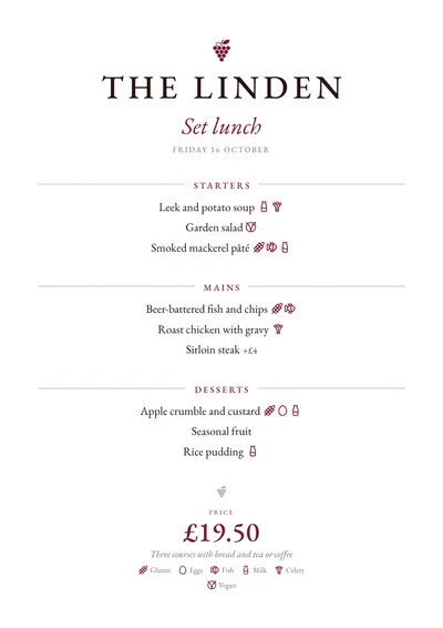 Sample daily menu in the Bodega design