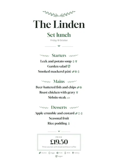 Sample daily menu in the Botanical design