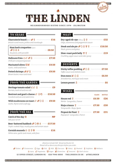Sample menu in the Embers design