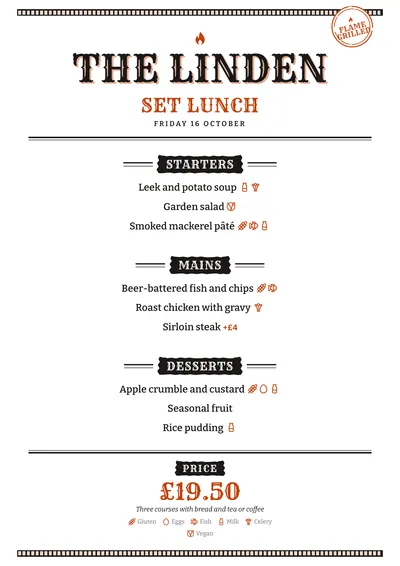 Sample daily menu in the Embers design