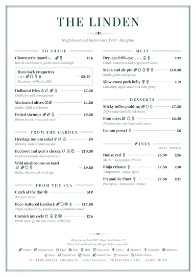 Sample menu in the Brasserie design