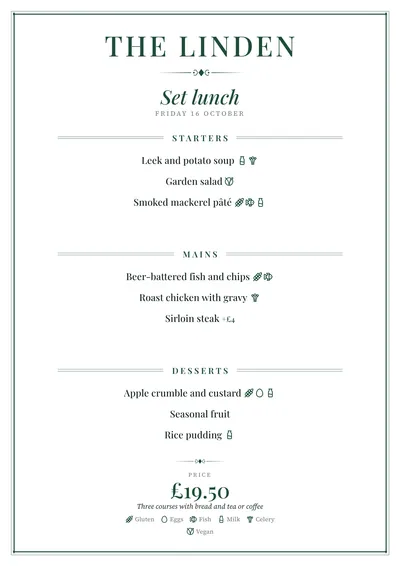Sample daily menu in the Brasserie design