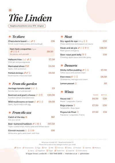 Sample menu in the Brunch design