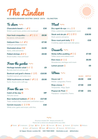 Sample menu in the Beach Bar design