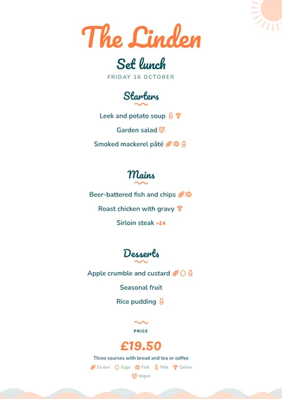 Sample daily menu in the Beach Bar design