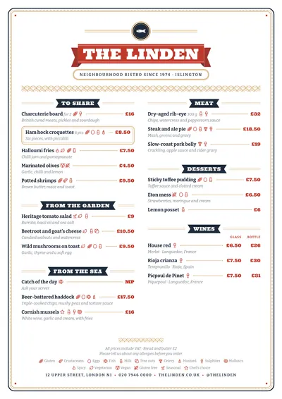 Sample menu in the Tinned design