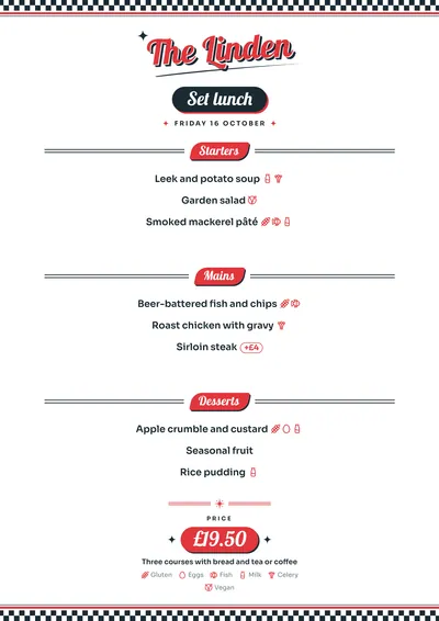 Sample daily menu in the Diner design