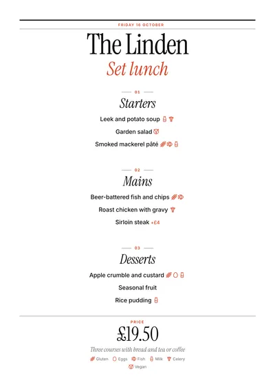 Sample daily menu in the Editorial design