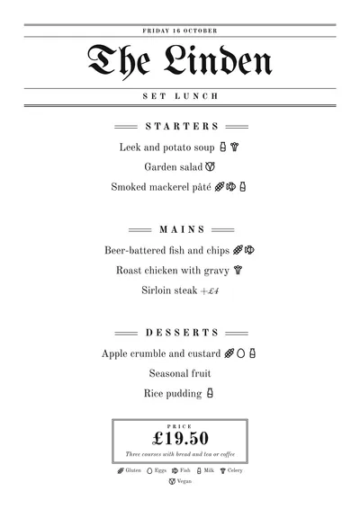 Sample daily menu in the Gazette design