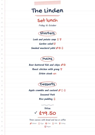 Sample daily menu in the Notebook design