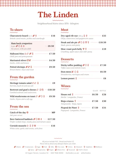 Sample menu in the Tablecloth design