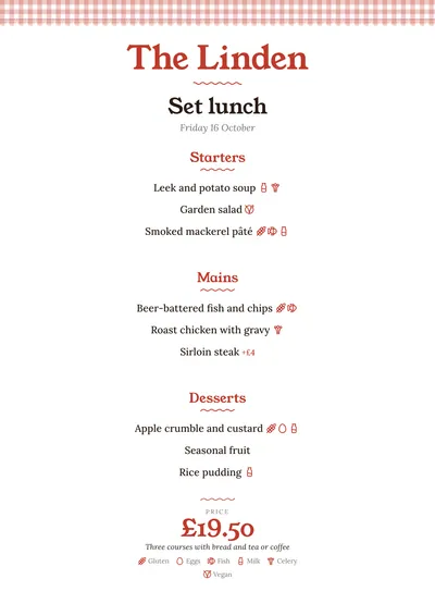 Sample daily menu in the Tablecloth design