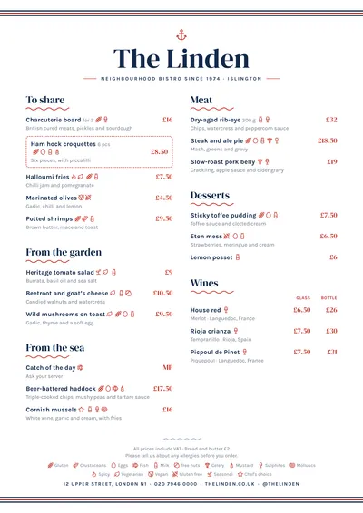 Sample menu in the Mariner design