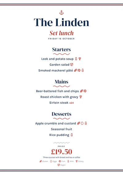 Sample daily menu in the Mariner design
