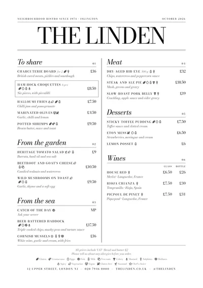 Sample menu in the Milano design