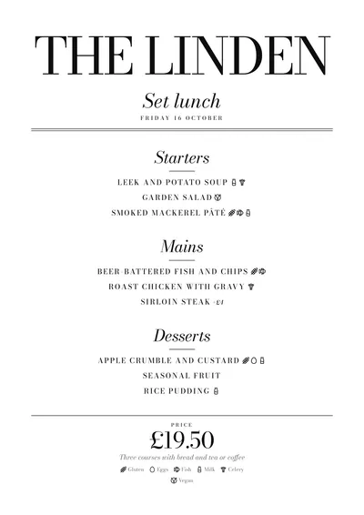 Sample daily menu in the Milano design