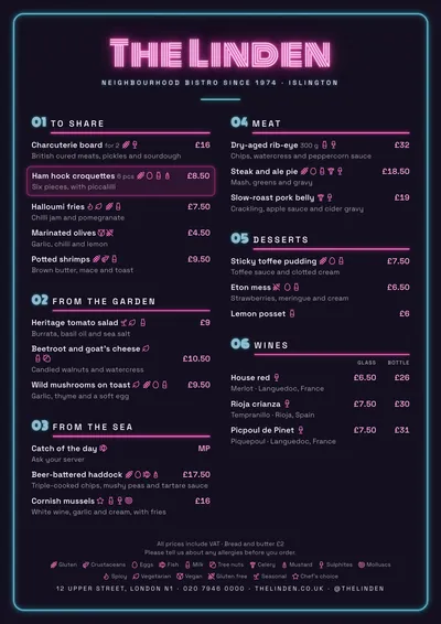 Sample menu in the Neon design