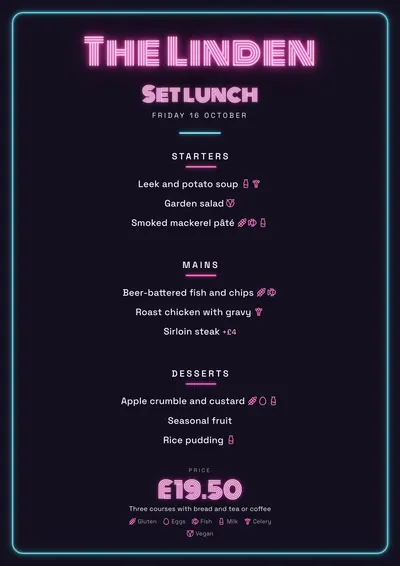 Sample daily menu in the Neon design