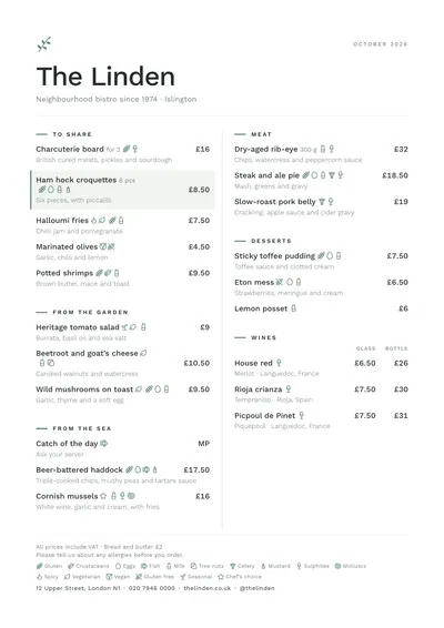 Sample menu in the Nordic design