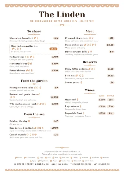 Sample menu in the Bakehouse design