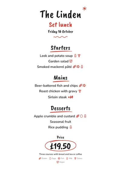 Sample daily menu in the Chalkboard design