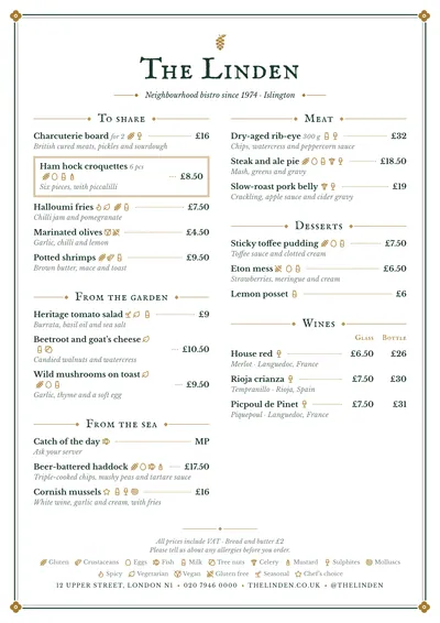 Sample menu in the Pub design