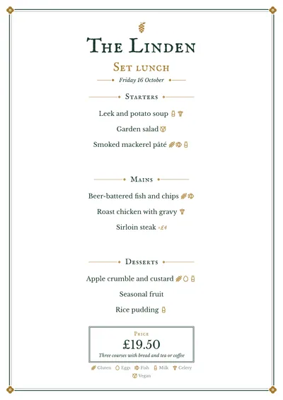 Sample daily menu in the Pub design