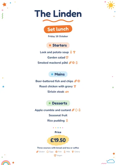 Sample daily menu in the Playtime design