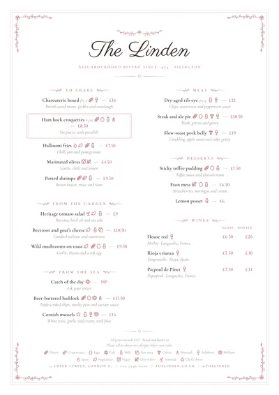 Sample menu in the Romance design