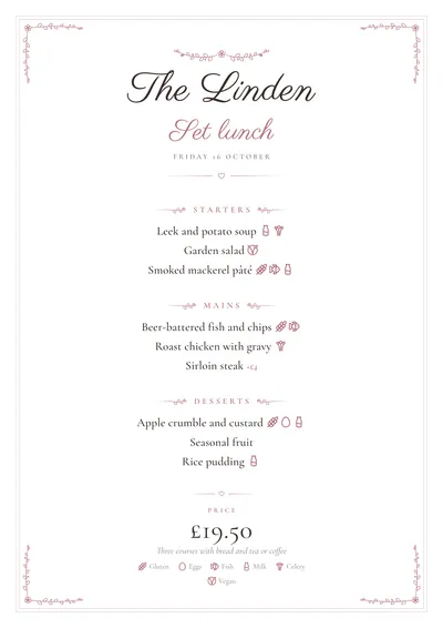 Sample daily menu in the Romance design