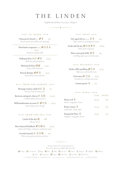 Sample menu in the Sobremesa design
