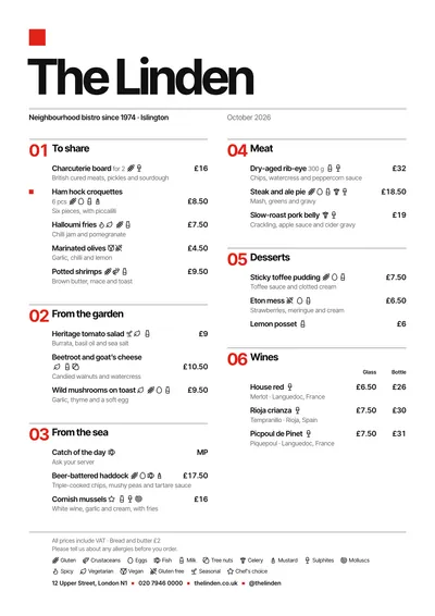 Sample menu in the Swiss design