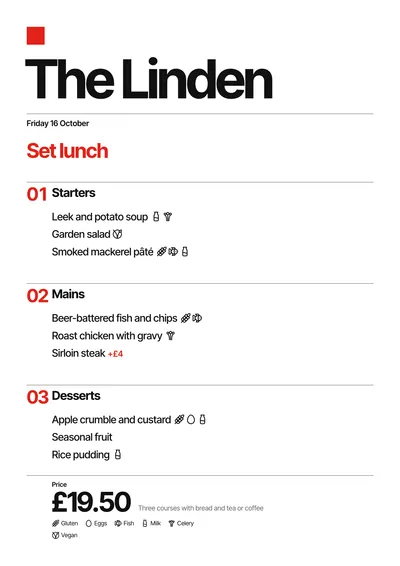 Sample daily menu in the Swiss design