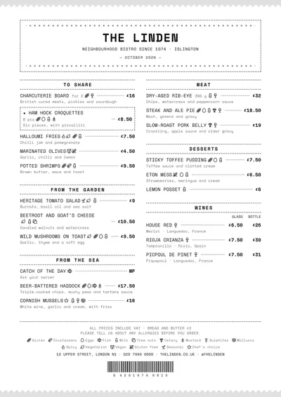 Sample menu in the Ticket design
