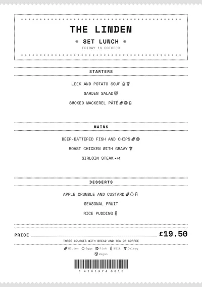 Sample daily menu in the Ticket design