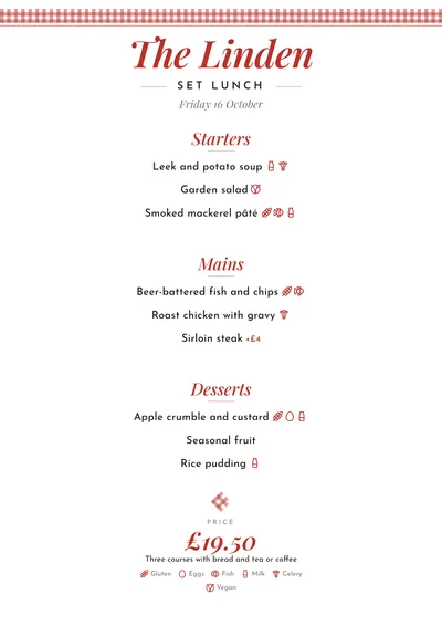 Sample daily menu in the Trattoria design