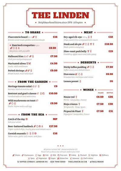 Sample menu in the Vermouth design