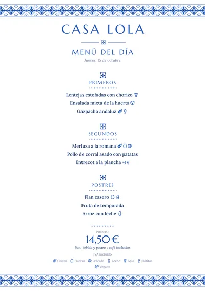 Menú del día de ejemplo con el estilo Azulejo