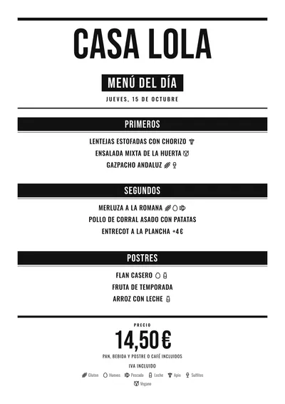 Menú del día de ejemplo con el estilo Barra