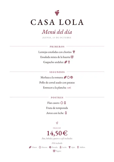 Menú del día de ejemplo con el estilo Bodega