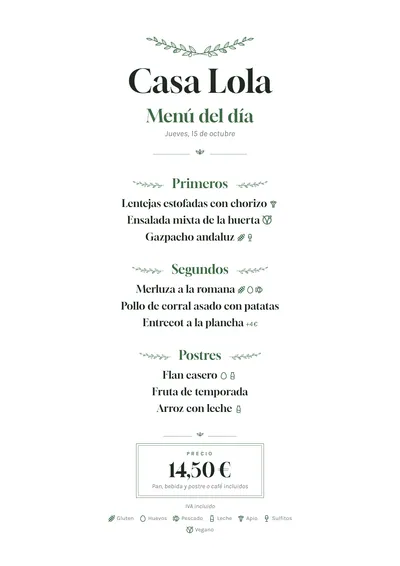 Menú del día de ejemplo con el estilo Botánico