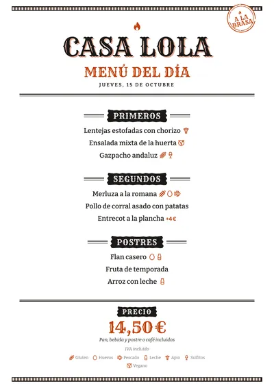 Menú del día de ejemplo con el estilo Brasa