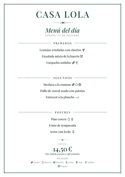 Menú del día de ejemplo con el estilo Brasserie