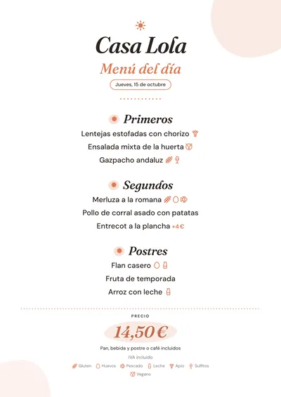 Menú del día de ejemplo con el estilo Brunch