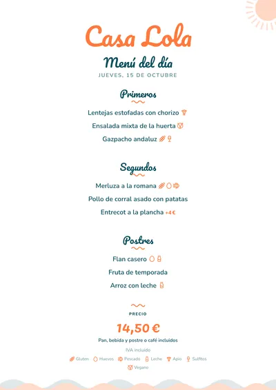 Menú del día de ejemplo con el estilo Chiringuito