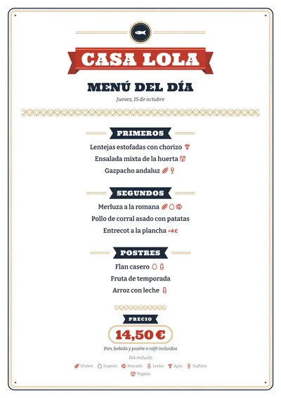 Menú del día de ejemplo con el estilo Conservas