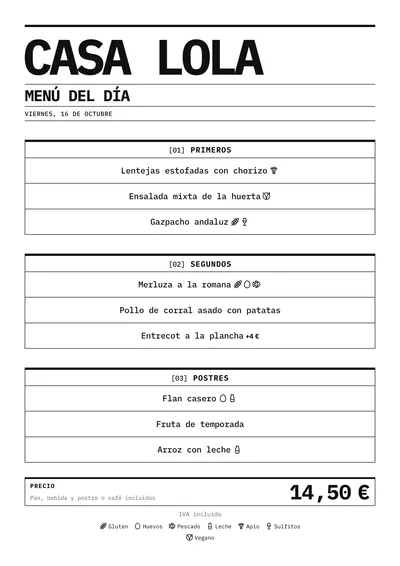 Menú del día de ejemplo con el estilo Crudo