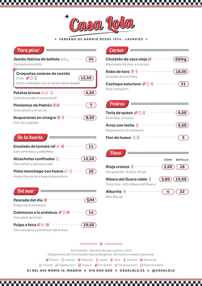 Carta de ejemplo con el estilo Diner